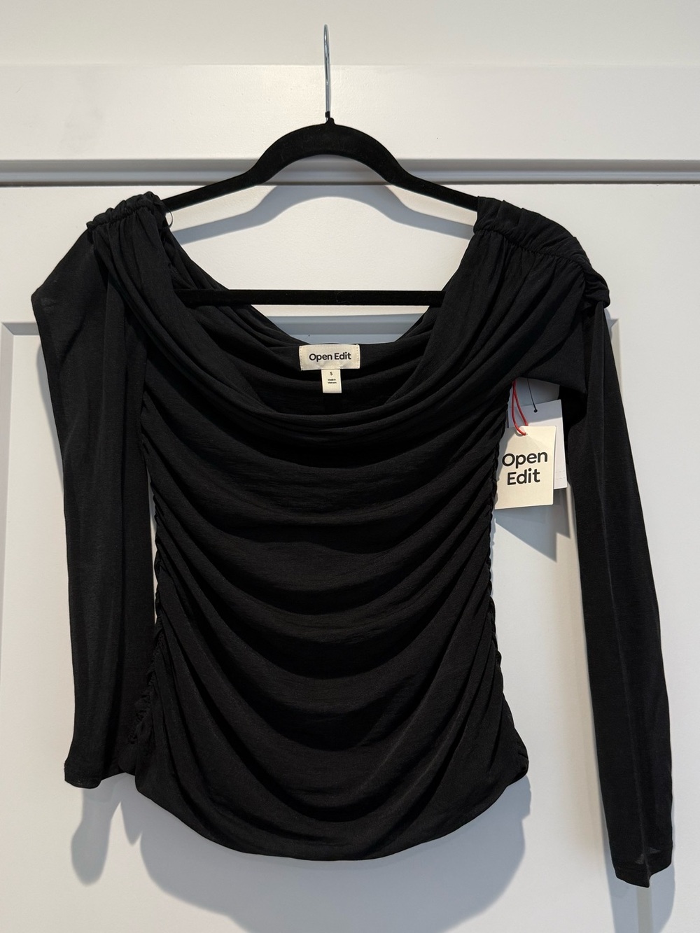 Nordstrom Open Edit Black Ruched Draped Long-Sleeve Top